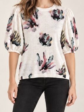 Bimba y Lola Ivory Coral Print Puff Balloon Sleeve Knit Top Abstract Boho XS / S